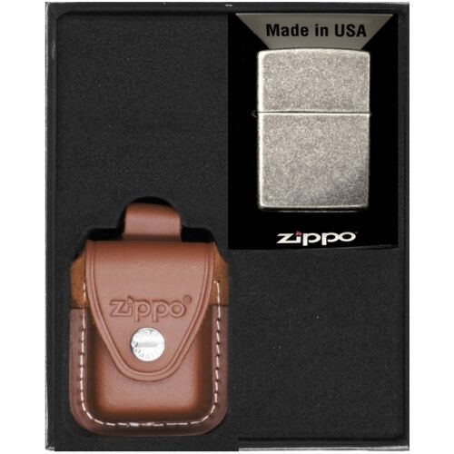 Zippo Antique Silver öngyújtó ajándékszett bőr tokkal, Made in USA - Gyújtó