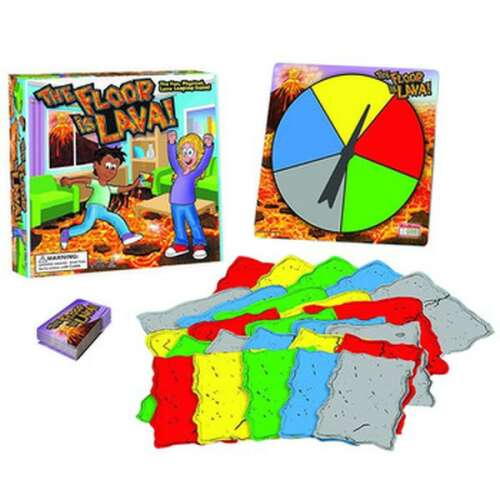 The Floor is Lava társasjáték, tartalmaz játéktáblát, pörgettyűt, kihívó kártyákat és szivacs lapokat