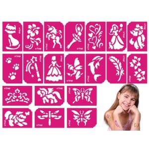 Set de 21 șabloane pentru tatuaje cu sclipici pentru fete cu unicorn, fluture, pisică, prințesă și alte modele - Tatuaje temporare