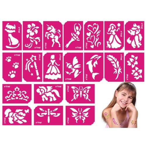 Set de 21 șabloane pentru tatuaje cu sclipici pentru fete cu unicorn, fluture, pisică, prințesă și alte modele