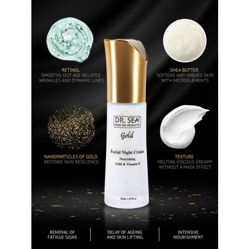 A DR. SEA Gold Éjszakai Arckrém előnyei: retinol, shea vaj, arany nanorészecskék, textúra, öregedésgátló, tápláló - Bőrápolás