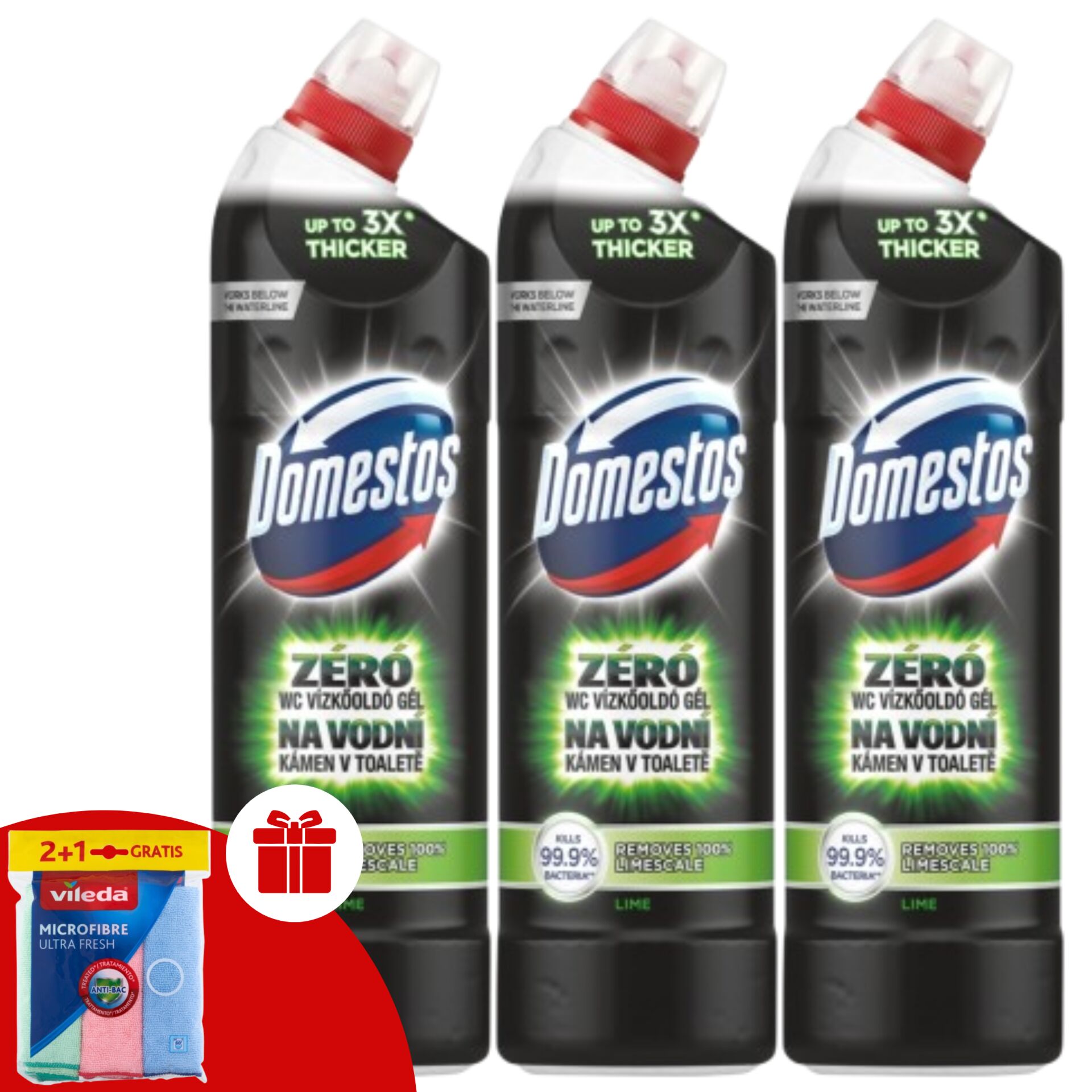 E-shop Domestos Zero Lime WC odvápňovač 3x750ml + darčekové obrúsky Vileda