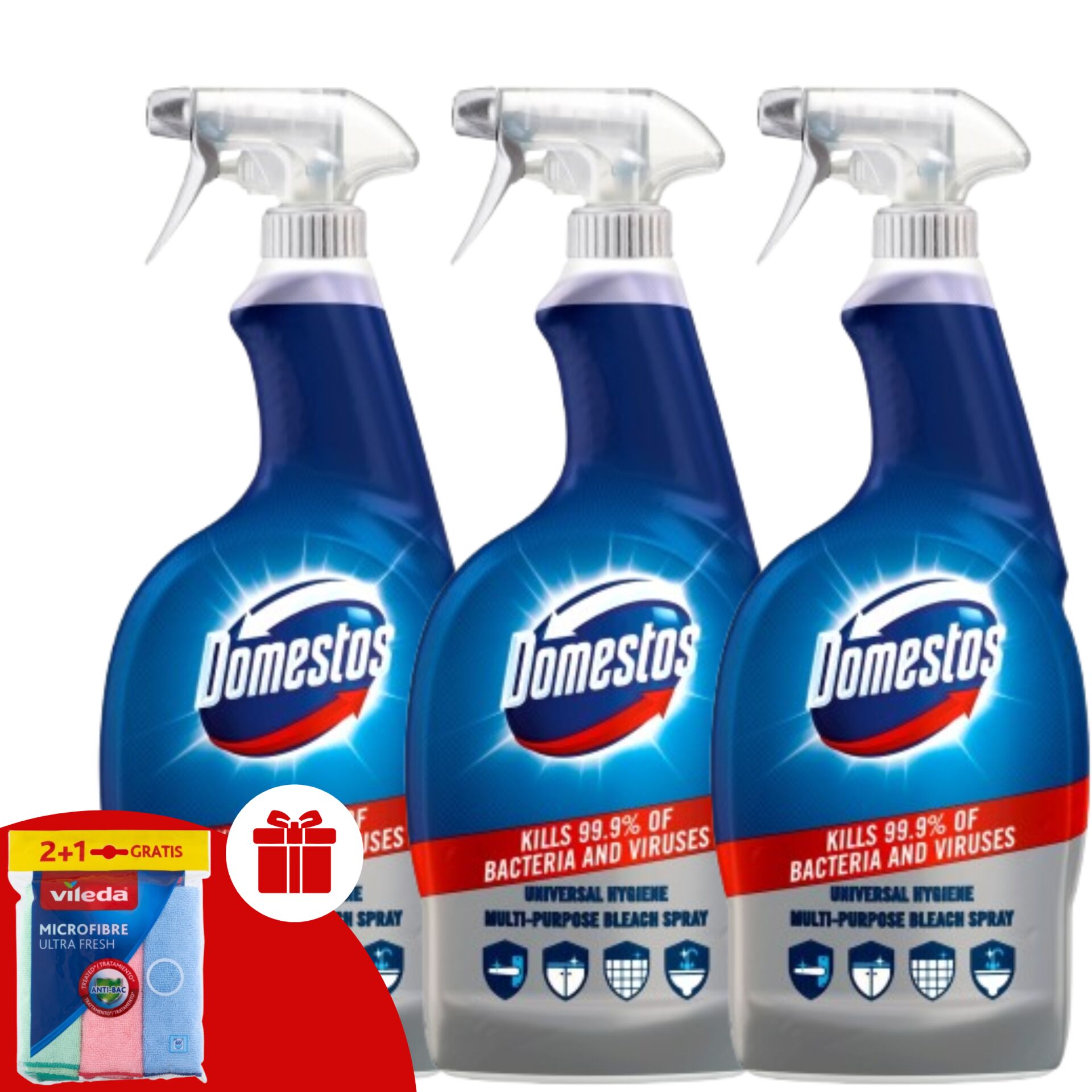 E-shop Domestos Univerzálny hygienický sprej 3x750ml + darčekové obrúsky...