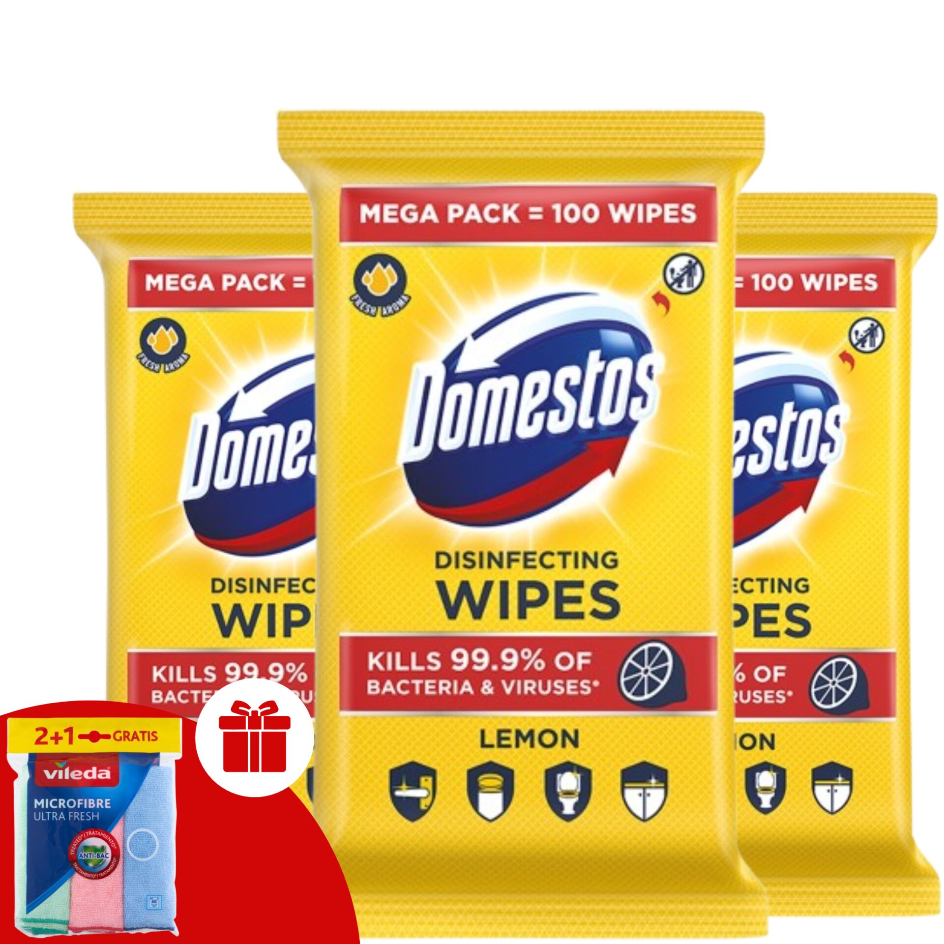E-shop Domestos hygienické obrúsky citrón 3x100ks + darčekové obrúsky Vileda