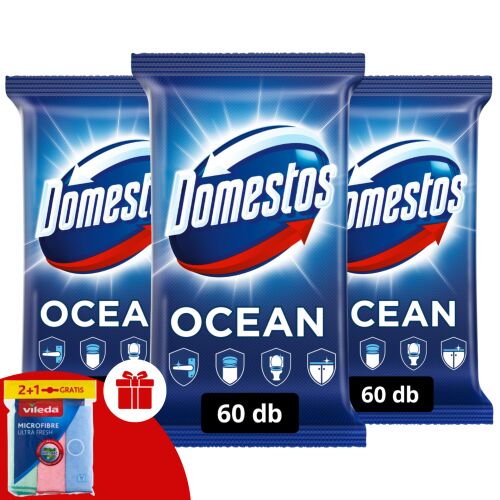 Domestos higiénikus Törlőkendő Ocean 3x60db + Ajándék Vileda Törlőkendő 184109728 - Takarító eszköz