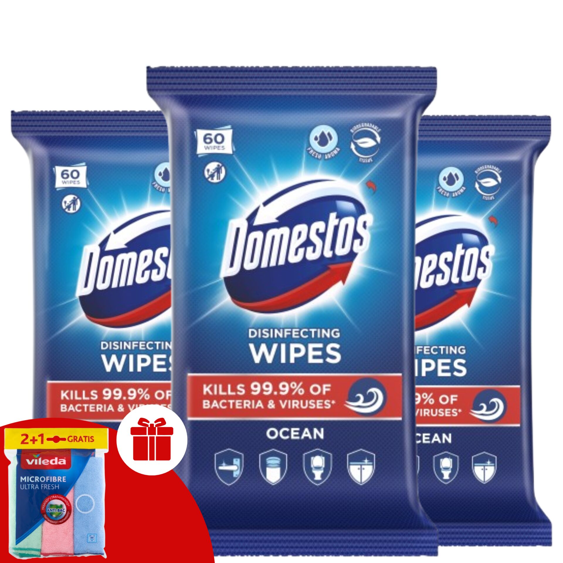 E-shop Domestos hygienické obrúsky Ocean 3x60ks + darčekové obrúsky Vileda