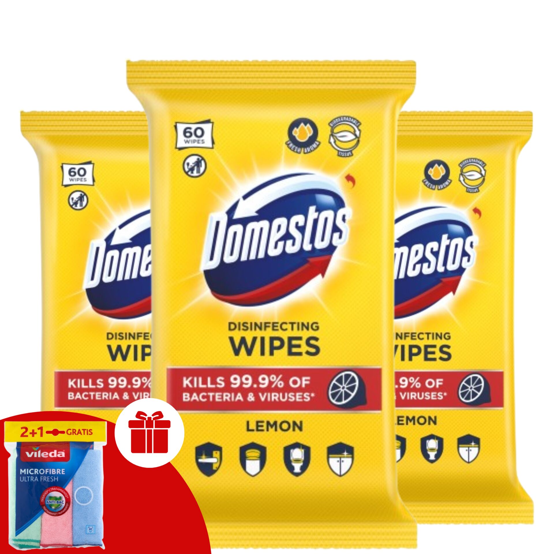 E-shop Domestos hygienické obrúsky citrón 60ks + darčekové obrúsky Vileda