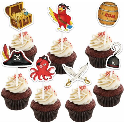 CUPCAKE DÍSZÍTÉS TORTADÍSZÍTÉS KALÓZ PAPAGÁJ RUMOS POLIP - Kalóz témájú cupcake díszek kincsesládával, papagájjal, rumos hordóval, polippal, kalózkalappal, karddal és horoggal díszített muffinokon. - Születésnapi gyertya és tortadísz