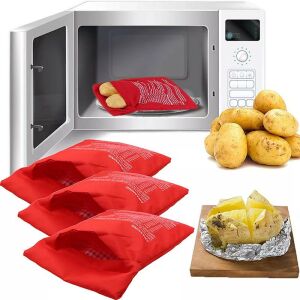 Microwave potato cooker bag with potatoes inside and cooked potato examples - Microwave accessory