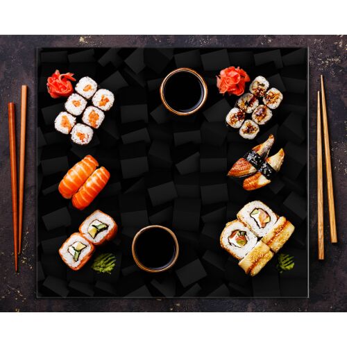 KONYHAI ÜVEG PANEL 65x60 Fekete sushikínáló deszkaként használva - Tűzhelyvédő