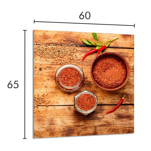 KONYHAI ÜVEG 60x65 Chilli edzett üveg konyhai panel chili fűszerekkel és magvakkal, méretjelöléssel 