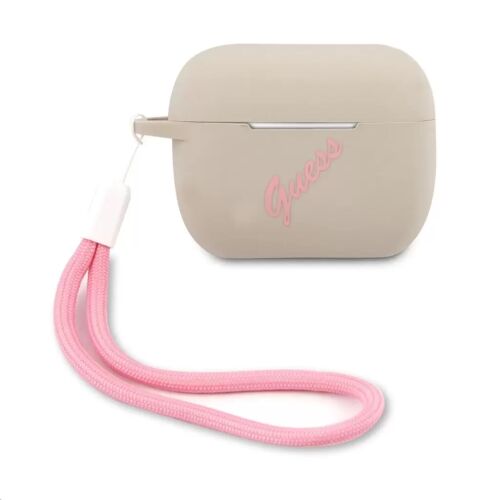 Guess AirPods Pro tok, szürke védőtok rózsaszín logóval és csuklópánttal - Headset kiegészítő