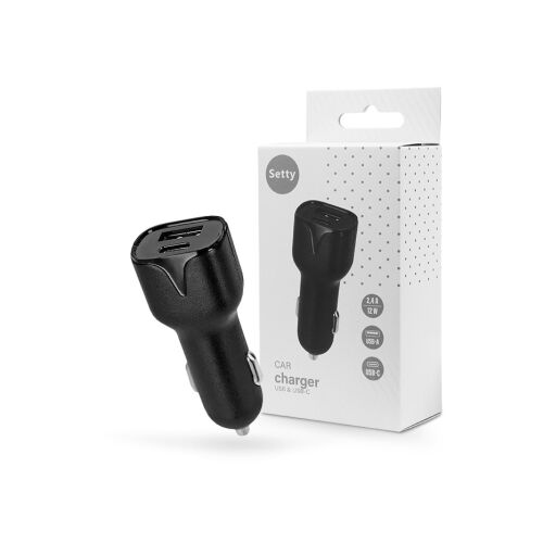 Setty fekete autós töltő USB és Type-C portokkal, 2.4A - Jármű és alkatrész