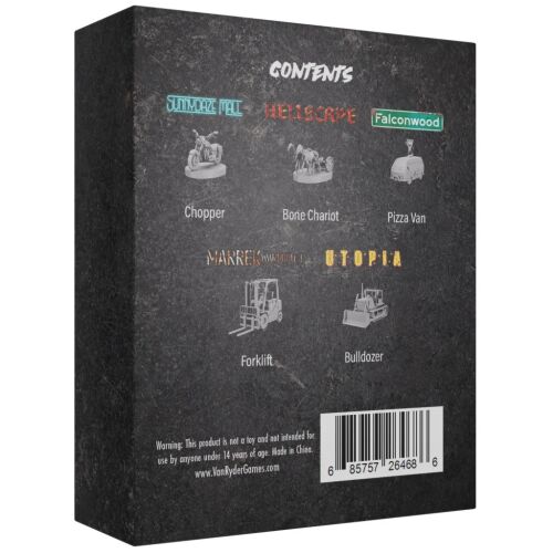 A Final Girl Vehicle Pack 3 tartalma, amely helikoptert, csontszekeret, pizzás furgont, targoncát és buldózert ábrázoló miniatúrákat mutat. - Társasjáték