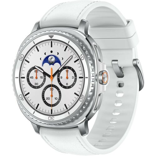 Szögletes nézet a Samsung Galaxy Watch8 Classic okosóráról fehér szíjjal - Samsung
