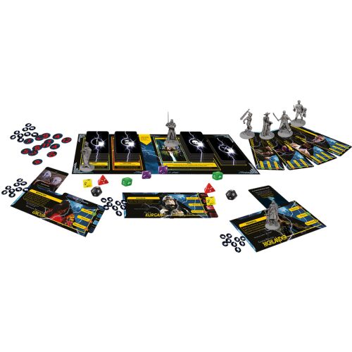 Highlander: A társasjáték játékmenet nézete. Párbaj társasjáték beállítása, a tábla, a kártyák és a miniatúrák játék közben láthatók. 