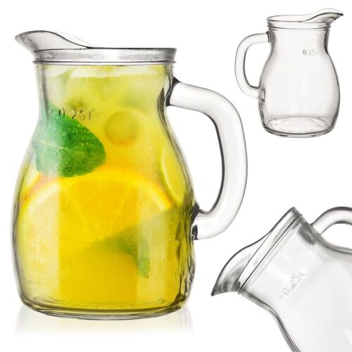 Kollázs egy limonádéval töltött üvegkancsóról és egy közeli képről a kiöntőről, 0,25 literes űrtartalom, üvegkancsó. - Kancsó