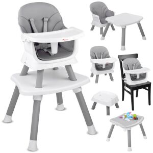 Collage showing the different configurations of the 6-in-1 high chair set - Feeding