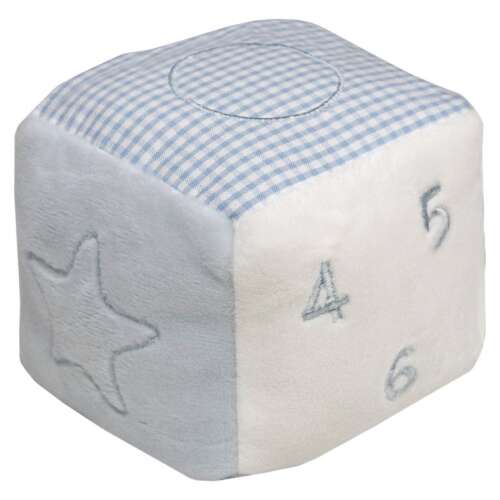 Kék és fehér plüss baba csörgő kocka számokkal és csillaggal