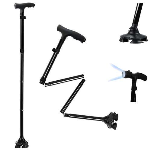 Collapsible walking stick with LED light, 4-point support, adjustable height, black
