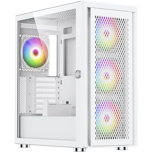 Szögletes nézet a Silentware Air 100 Fehér PC Házról ARGB ventilátorokkal és edzett üveg oldallappal - Számítógépház
