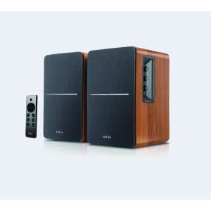 Edifier R1280DBs bookshelf speakers with wood finish, black front, and remote control - PC speaker