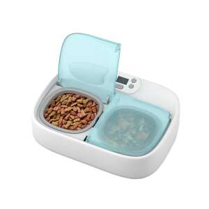 Petoneer Two-Meal Feeder automatic pet food dispenser with two compartments, white and blue - Rodent Care