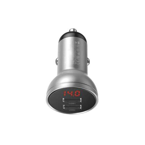 Încărcător auto Baseus CCBX-0S cu afișaj digital, 2 porturi USB, 24W, argintiu