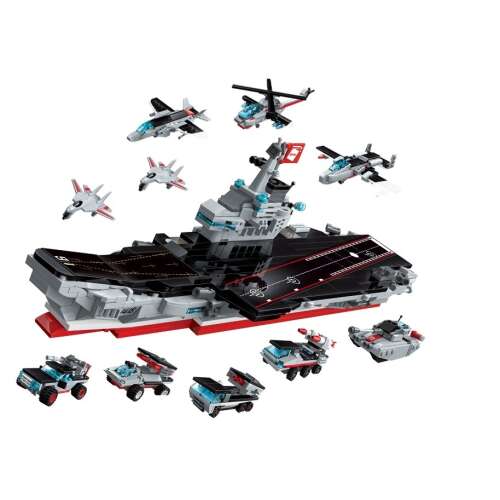 Set de construcție QMAN 1418 8 în 1 Portavion, 678 piese, include avioane, elicoptere și vehicule