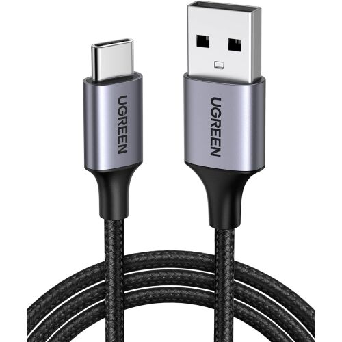Kabel Ugreen USB-C do USB-A z nylonowym oplotem na białym tle