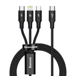 Kabel Baseus Rapid Series 3 w 1 USB z końcówkami Lightning, USB-C i Micro USB, szybkie ładowanie 20W, długość 1,5m, czarny - Konwerter USB