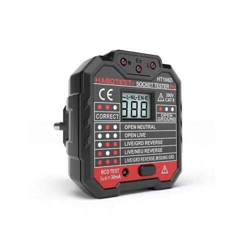 Habotest HT106D Tester gniazdka Pro, wyświetlacz cyfrowy, tester gniazdka elektrycznego, urządzenie bezpieczeństwa, miernik napięcia, wyłącznik różnicowoprądowy (RCD) Tester