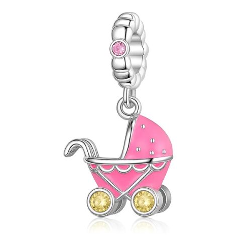 Babakocsi Pandora stílusú charm, rózsaszín babakocsi medál kristály kerekekkel 