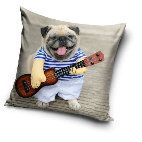Dog pillow cover, 40x40 cm, cute pug playing guitar, decorative pillow cover