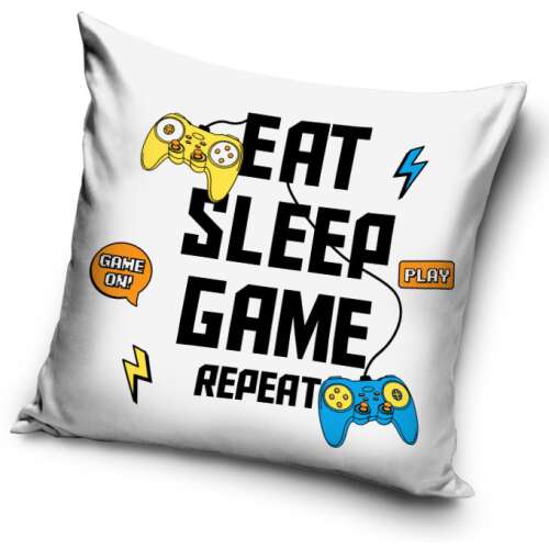 Gamer pillowcase with Eat Sleep Game Repeat slogan and gamepad design