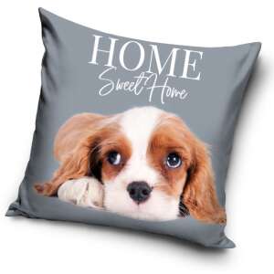 Grey decorative pillowcase with a cute puppy and the text 'Home Sweet Home' printed on it - Pillowcase