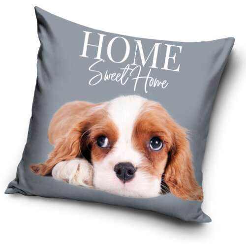 Grey decorative pillowcase with a cute puppy and the text 'Home Sweet Home' printed on it
