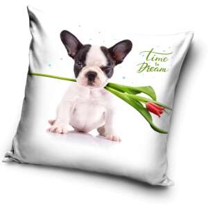 Kutyás párnahuzat 40*40 cm, decorative pillow cover with a cute french bulldog puppy holding a tulip, saying 'Time to Dream' - Pillowcase