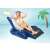 Woman relaxing on Intex inflatable lounge chair with cup holder, blue and white