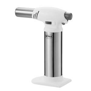 Rösle kitchen torch, white and stainless steel, angled view - Garden Grill, BBQ Accessory