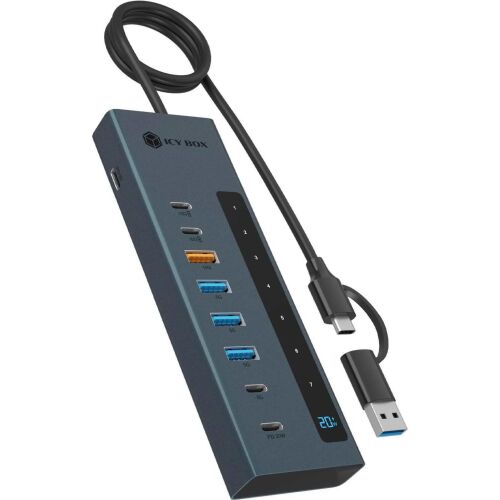 Szögletes nézet az ICY BOX IB-HUB1743-CPD 9 portos USB-C Hub-ról több porttal és integrált USB-C kábellel, a csatlakozási lehetőségeket bemutatva - RaidSonic