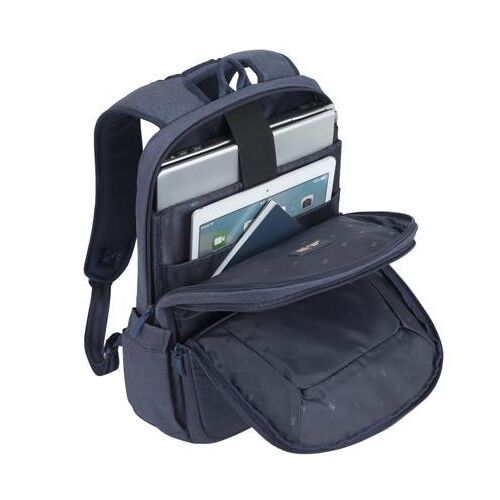 Rivacase Suzuka 7760 kék laptop hátizsák 15.6 hüvelyk nyitva, laptop és tablet látható - RIVACASE