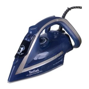 Tefal Ultragliss Anti-Calc Plus FV6830E0 steam iron, blue and silver, angled view - Steam Cleaner, Sewing Machine, Steam Station, Steam iron, Iron and Cleaning Machine