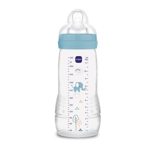 MAM Easy Active 330ml cumisüveg fiúknak, kék díszítéssel, átlátszó dizájn elefánt illusztrációval - Cumisüveg