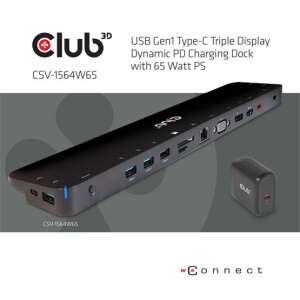 Club 3D CSV-1564W65 USB Gen1 Type-C Triple Display Dynamic PD Charging Dock with 65 Watt PS, black docking station with multiple ports, including HDMI, DisplayPort, VGA, USB, Ethernet, SD card reader, and power adapter - Laptop accessory