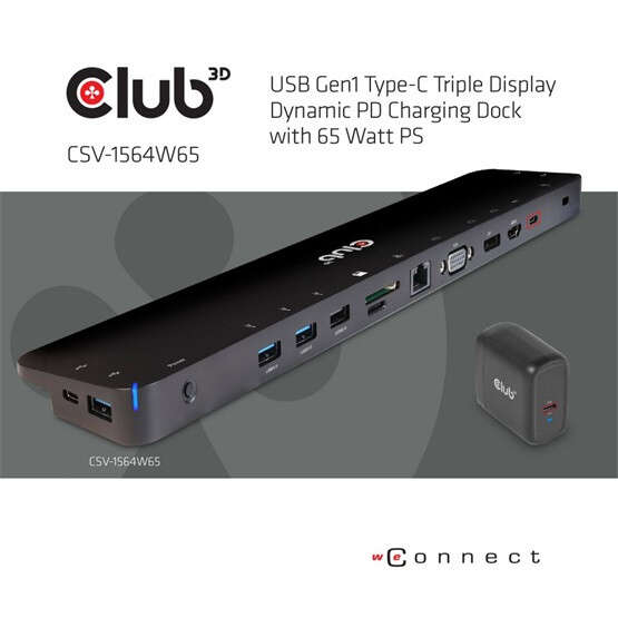 CLUB3D CSV-1564-W65 dokkoló állomás és port replikátor Dokkolás U...