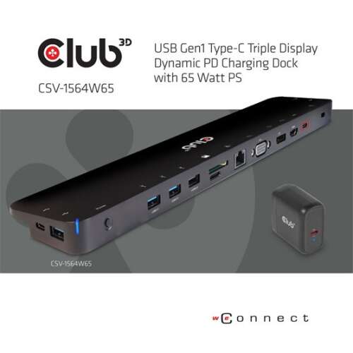 CLUB3D CSV-1564W65 stații de andocare și replicatoare de porturi pentru calculatoare portabile Tip dock USB 3.2 Gen 1 (3.1 Gen 1) Type-C Negru (CSV-1564W65) (CSV-1564W65)