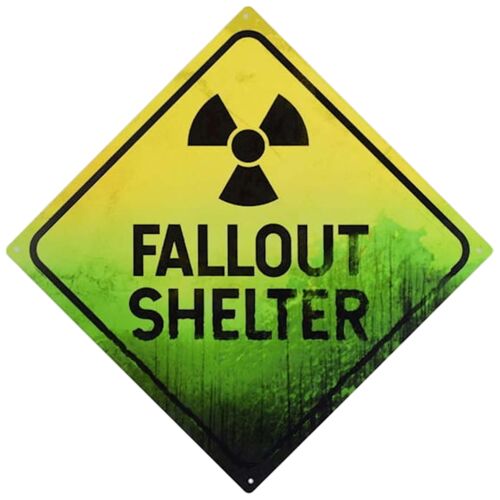 Retro Fallout Shelter fémtábla, sárga és zöld sugárveszély figyelmeztető jel, Fallout témájú dekoráció - Fémtábla