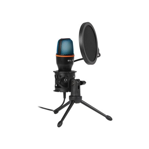 BLOW 33-053 Stúdió mikrofon LED-es állvánnyal, szögben fényképezve, felvételhez és streameléshez - Audio