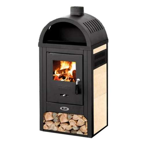 Șemineu freestanding Warnex Vienna cu placaj din faianță bej, finisaj negru și ușă din sticlă